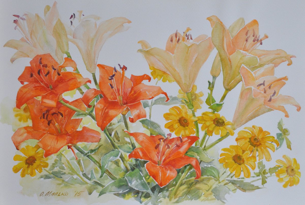 Lilies bouquet from friend / Bright orange flowers Floral watercolor Summer garden lilies by Olha Malko