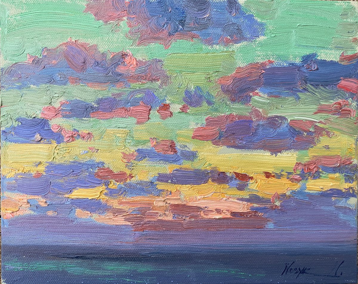 Impressionistic Landscape Oil Painting By Nataliia Nosyk, 10 X 8", Vivid Sunset, Original Artwork