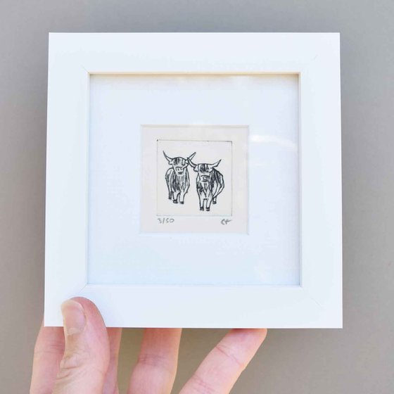 Mini framed two highland cows