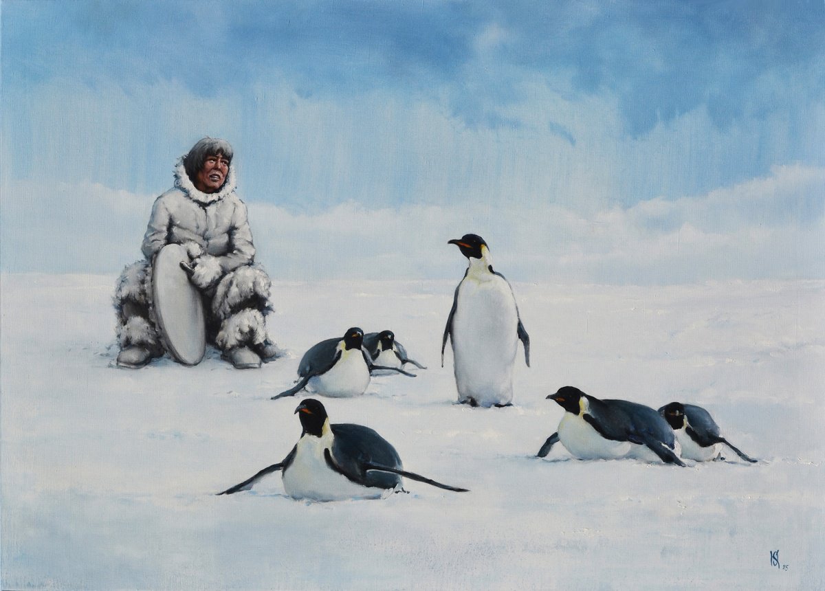 Urban And Pop Oil Painting , Penguins And Man By Oleg Kateryniuk, 55 X 39, Artwork For Sale On Artfinder