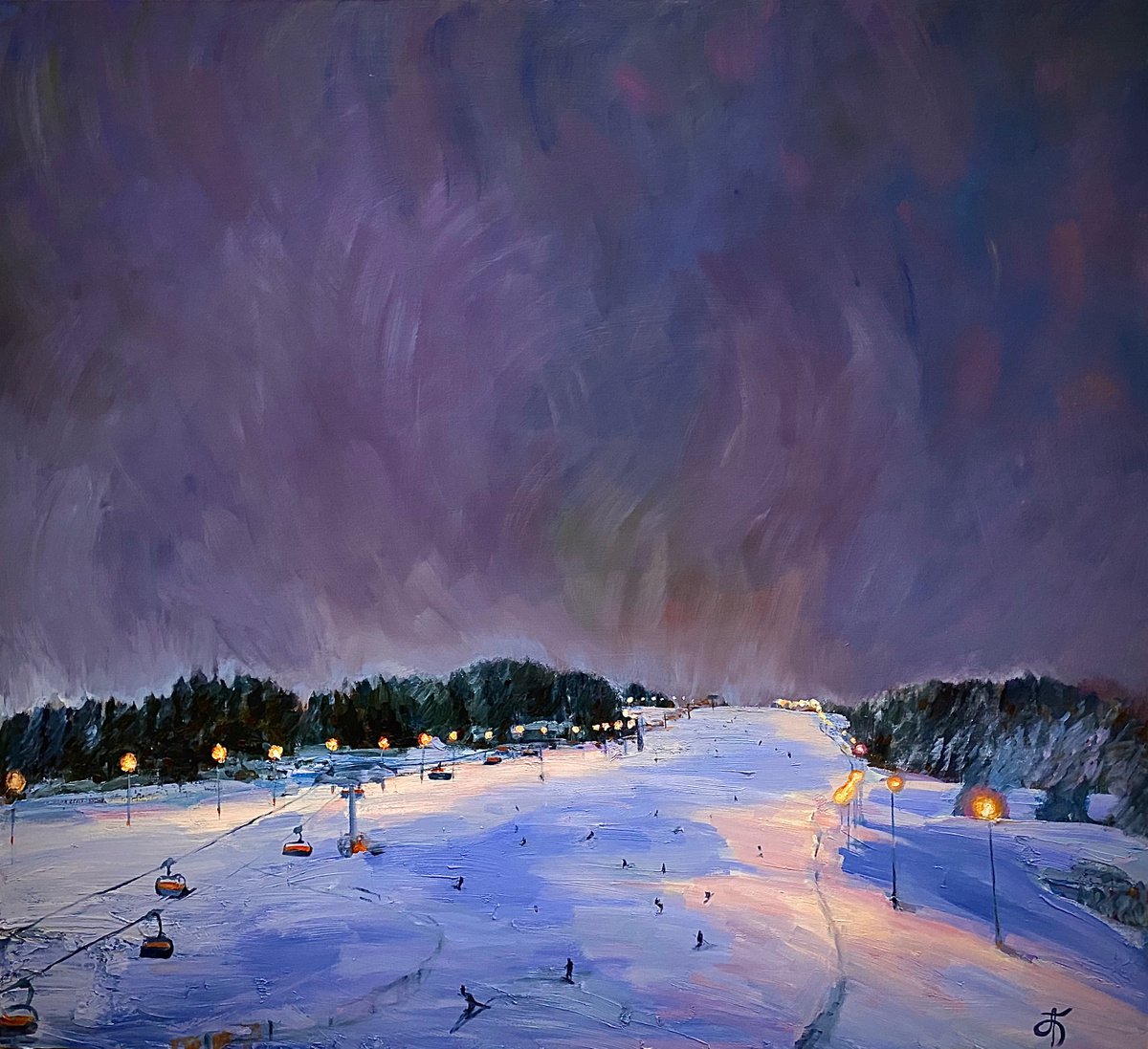 EVENING SKIING IN THE TATRAS - blue winter painting by Anna Bondar