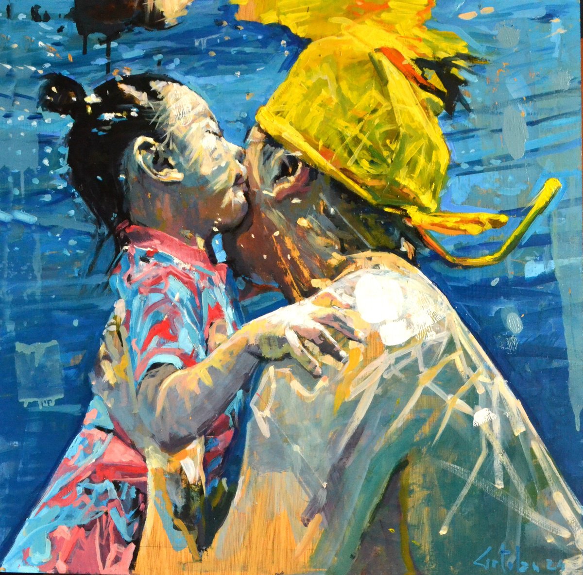 Impressionistic Portrait Oil Painting By Marco Ortolan, 17 X 17", Father And Daughter, Original Artwork