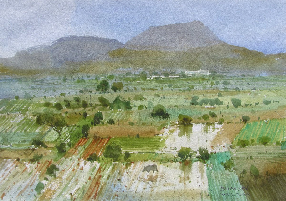 Impressionistic Landscape Watercolour By Bhargavkumar Kulkarni, 17 X 12, Countryside Horizon, Original Artwork