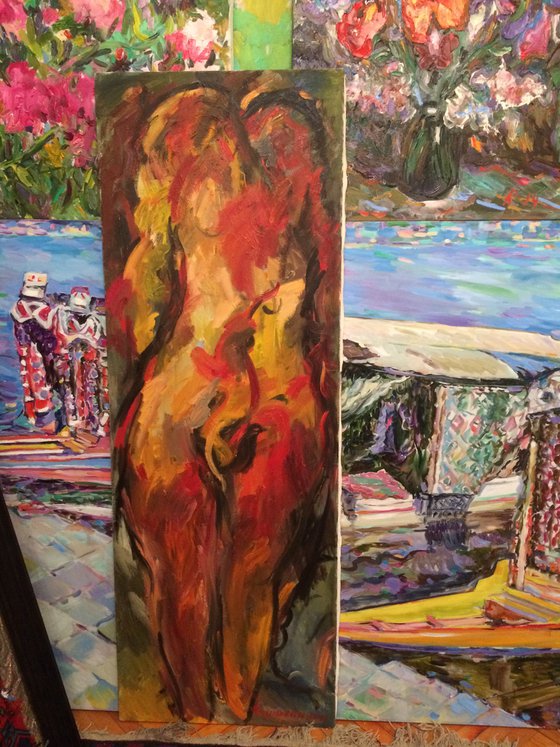 TWO - original abstract oil painting, large, nude art, expressionism, love lovers, Valentine gift - 150x53