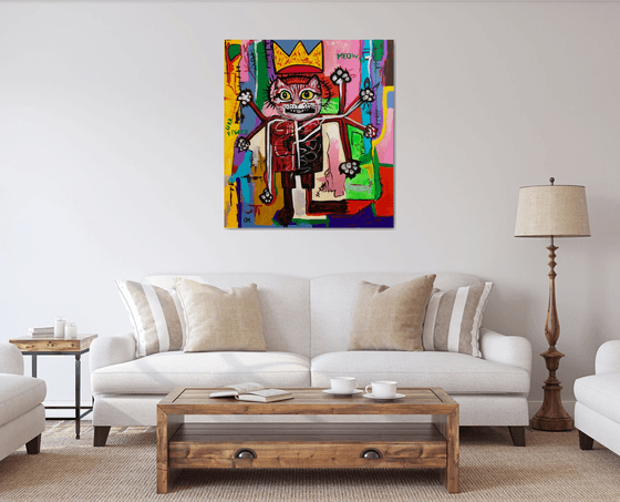 KING TROY the cat, ( 102 x 91 cm, 40 x 36 inches),  multi-armed, multitasking, inspired by Basquiat and Indian culture, solving the problems of the modern rapidly changing world in parallel and seamlessly