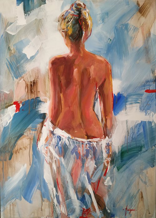Half Light - woman Painting on MDF by Antigoni Tziora