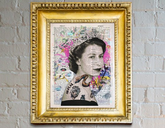 The Queen Elizabeth II Snake Tattoo - Collage Art on Large Real English Dictionary Vintage Book Page