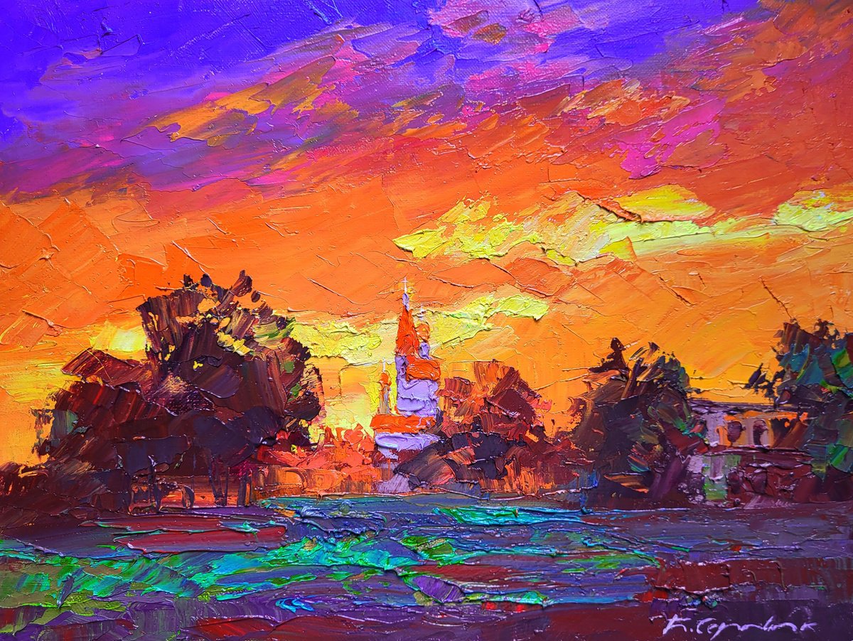 Impressionistic Landscape Oil Painting By Boris Serdyuk, 16 X 12, Evening, Original Artwork