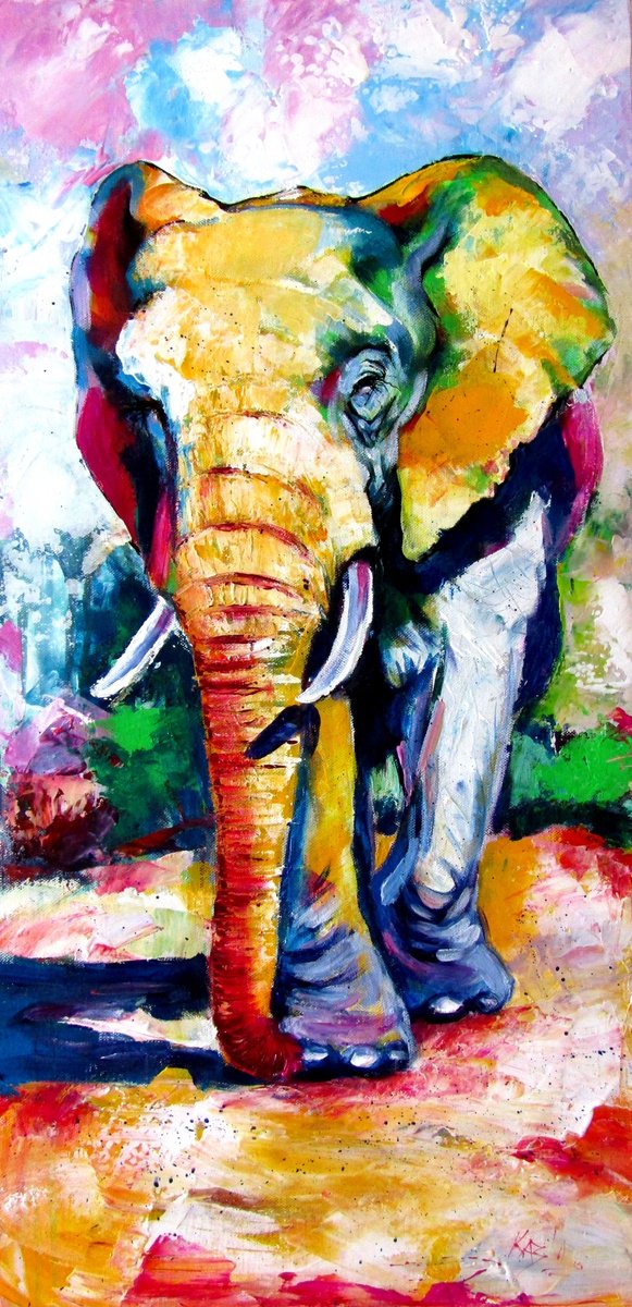 Abstract Animal Acrylic Painting By Kovacs Anna Brigitta, 16 X 31", Walking Majestic Elephant, Original Artwork