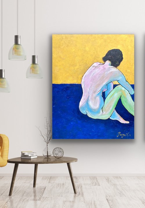 Sitting Nude - Figurative Diptych oil painting by Pooja Verma