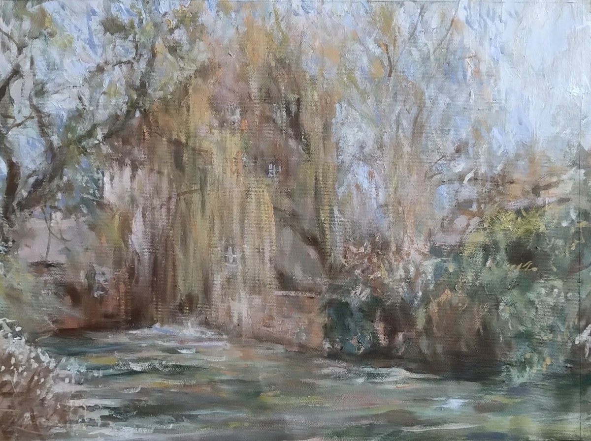 Impressionistic Landscape Oil Painting By Sebastian Beianu, 18 X 14", Willow Landscape, Original Artwork