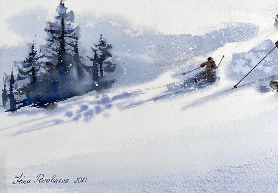 Skiers on the slope, downhill skiing on a snowy slope original artwork watercolor painting with winter landscape in medium size