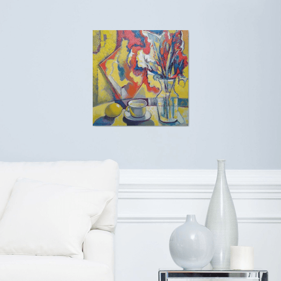 Yellow still life (50x50cm, cubism, oil painting, ready to hang)