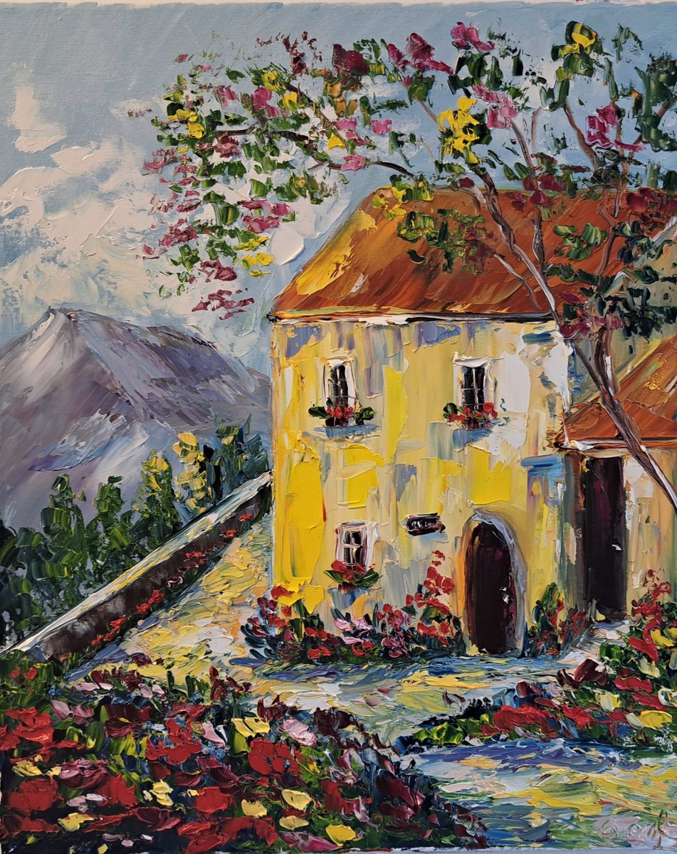 Impressionistic Cityscapes Oil Painting By Oksana Fedorova, 16 X 20", Yellow House, Original Artwork