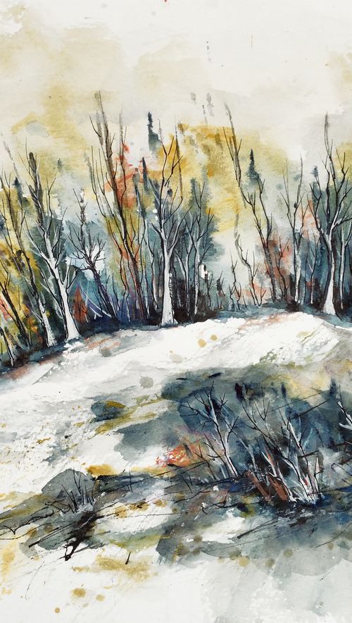 The wooden hill - original watercolor and ink painting by Aniko Hencz