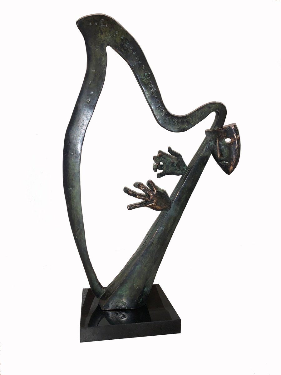 Surrealistic Portrait Bronze Sculpture By Toth Kristof, 10 X 18", Harp Player, Original Artwork