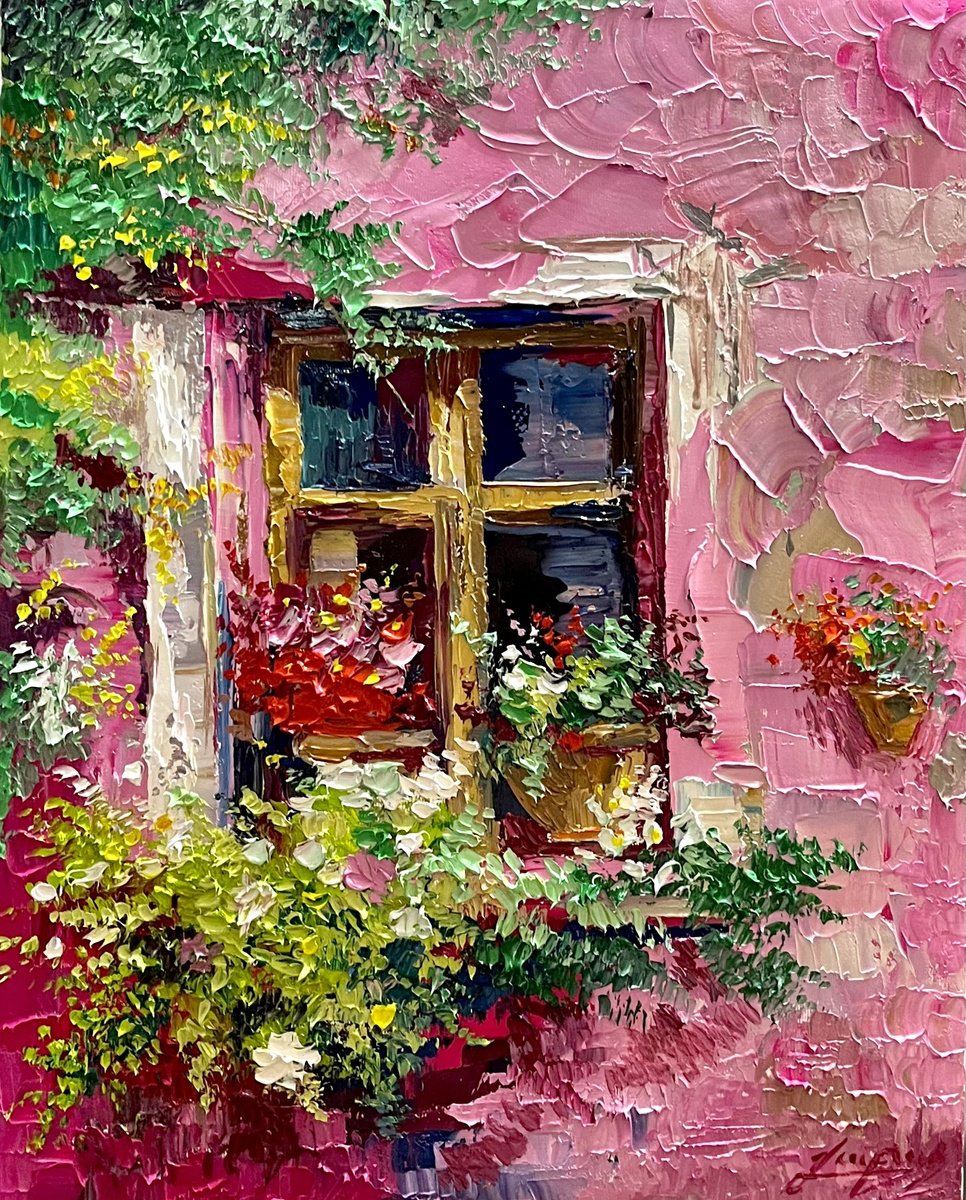 Impressionistic Landscape Oil Painting By Vahe Bagumyan, 16 X 20", Blossoms By The Window, Original Artwork