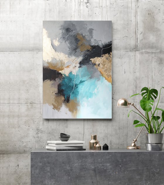 "Blue Rime" Abstract teal gray gold art