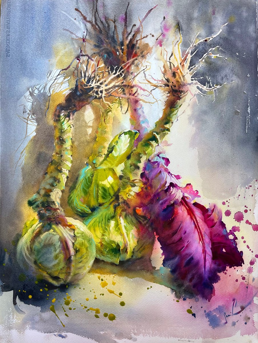 Expressive Still Life Watercolour By Samira Yanushkova, 22 X 30", Cabbage With Roots, Original Artwork
