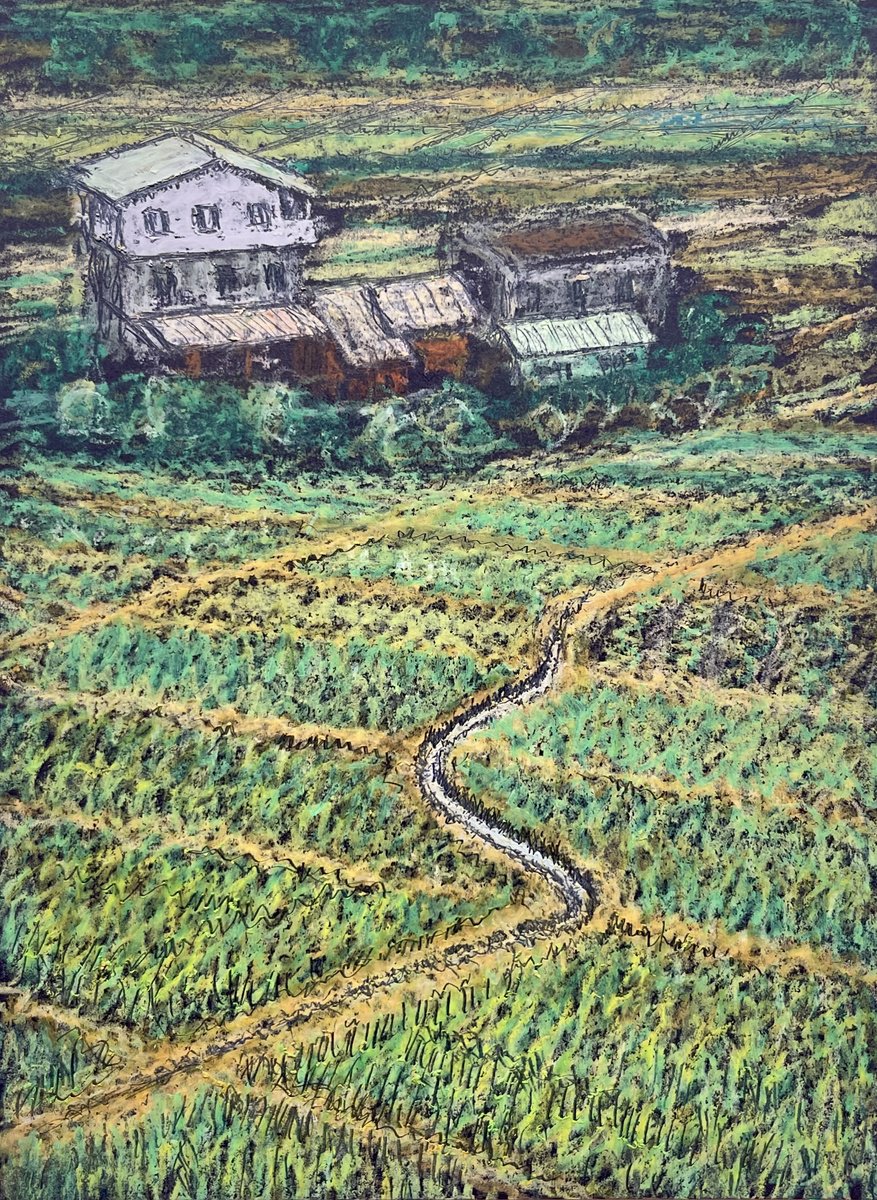 Impressionistic Landscape Pastel Drawing By David Lloyd, 6 X 8, Farmhouse And Creek, Original Artwork