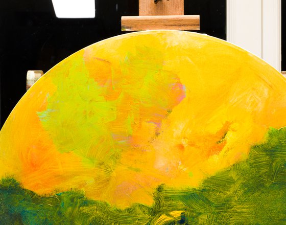 Green landscape with yellow sky - oil on circular canvas
