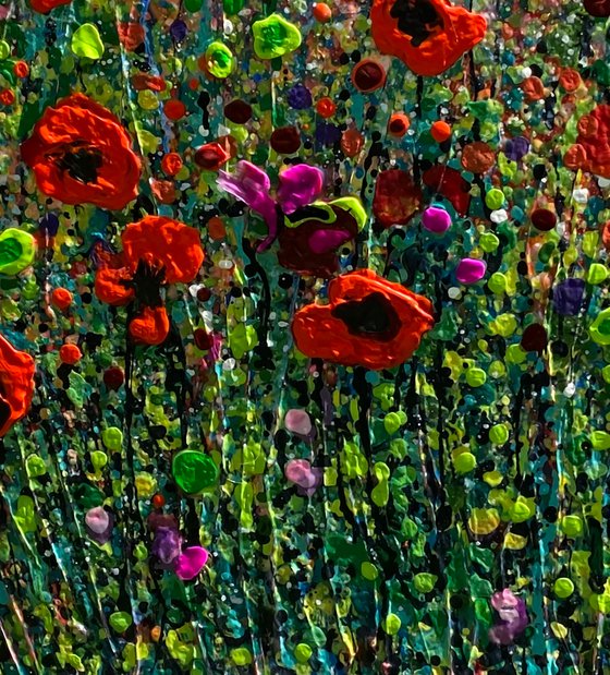 Meadow-Poppies - Modern Abstract Splattered, Textured - Original painting 24" X 18" X 0.5"