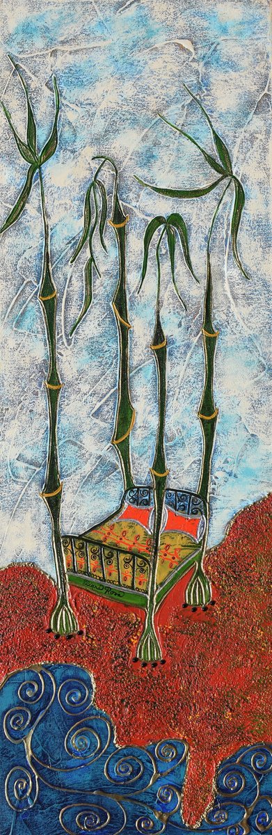 Surrealistic Botanical Acrylic Painting By Diana Rosa, 1 X 1, Tropical Bed, Original Artwork