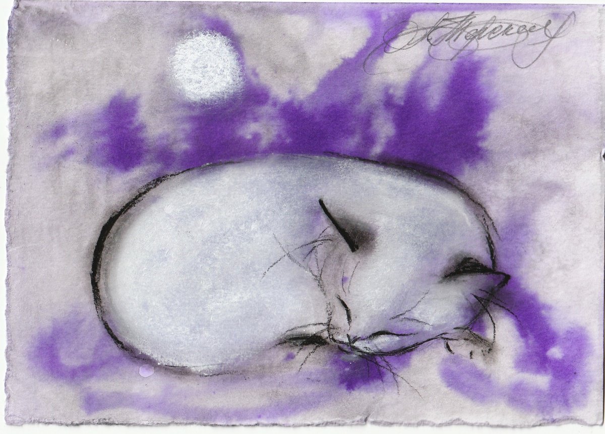 Animal Charcoal Drawing By Anastasia Terskih, 6 X 4, Mooncat, Original Artwork