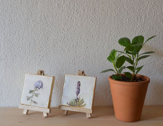 Set of 2 Mini Botanical Flower Oil Paintings