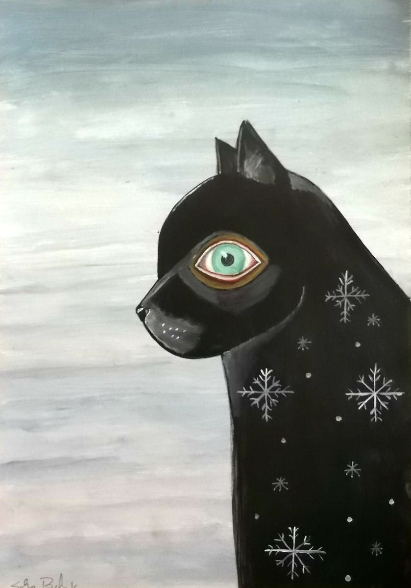 The black cat on grey background - oil on paper by Silvia Beneforti