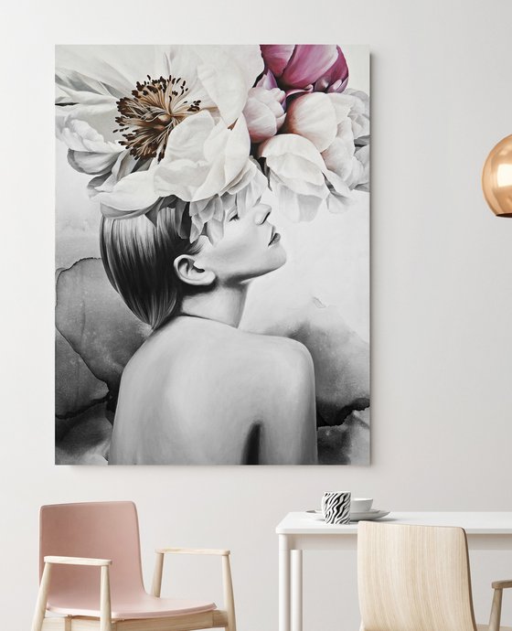 "Spring Impressions" Woman's face peony art
