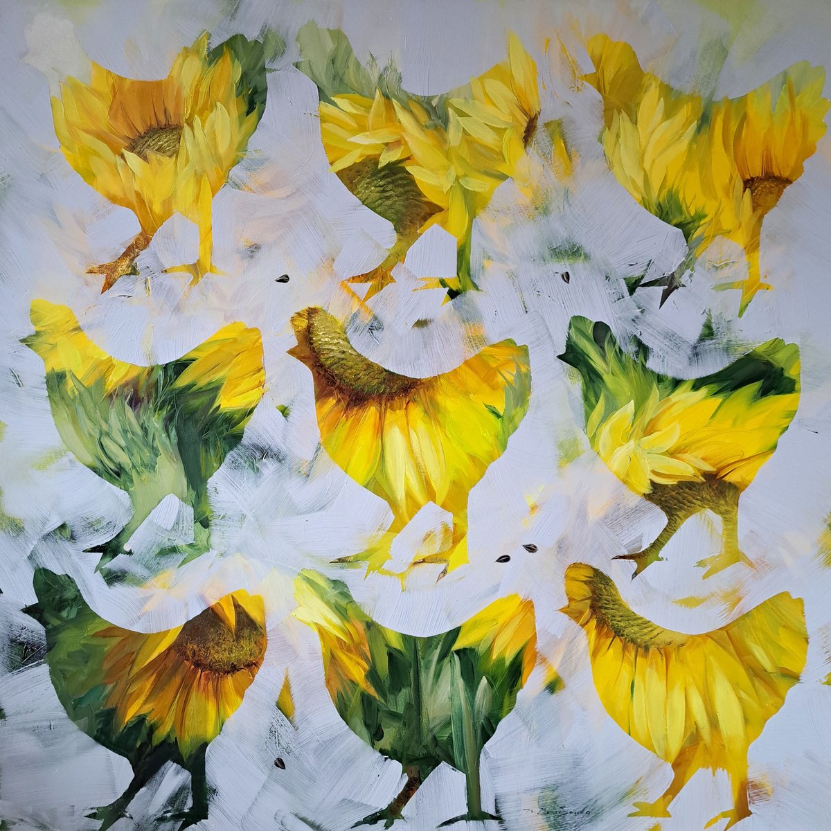 Impressionistic Botanical Oil Painting By Nataly Derevyanko, 39 X 39", Sunflowers Mood, Original Artwork