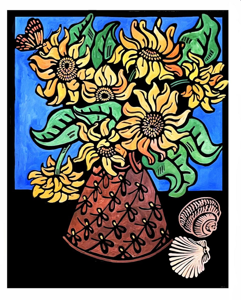 Sunflower and Seashells Linocut by Laurel Macdonald | Artfinder