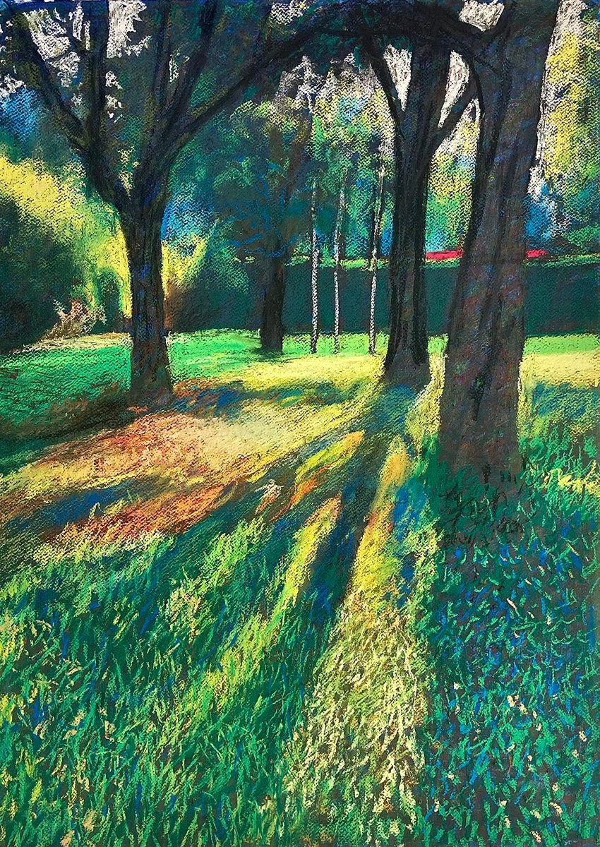 Impressionistic Landscape Pastel Drawing By John Cottee, 22 X 30, Sunlit Grove, Original Artwork