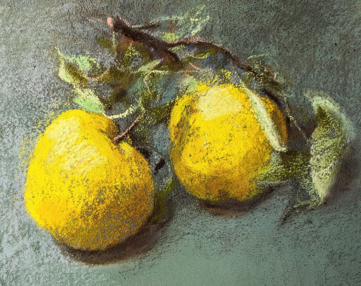Impressionistic Still Life Pastel Drawing By Silja Salmistu, 10 X 8", Yellow Apples, Original Artwork