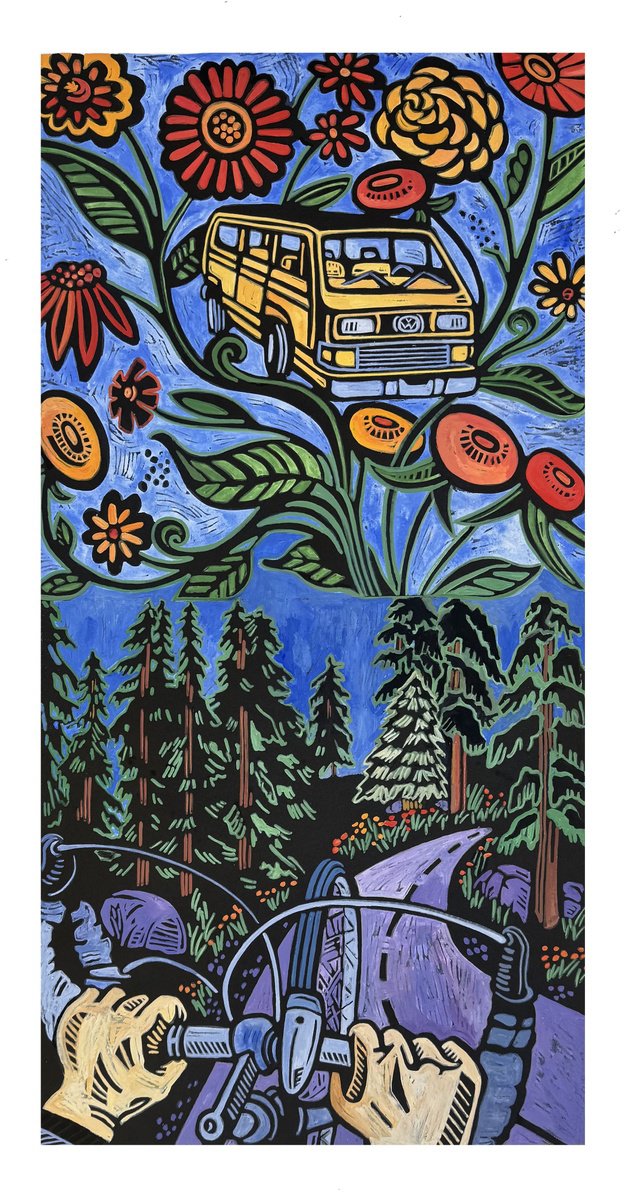 Illustrative Landscape Linocut By Laurel Macdonald, 15 X 27", Mountain Ride, Original Artwork
