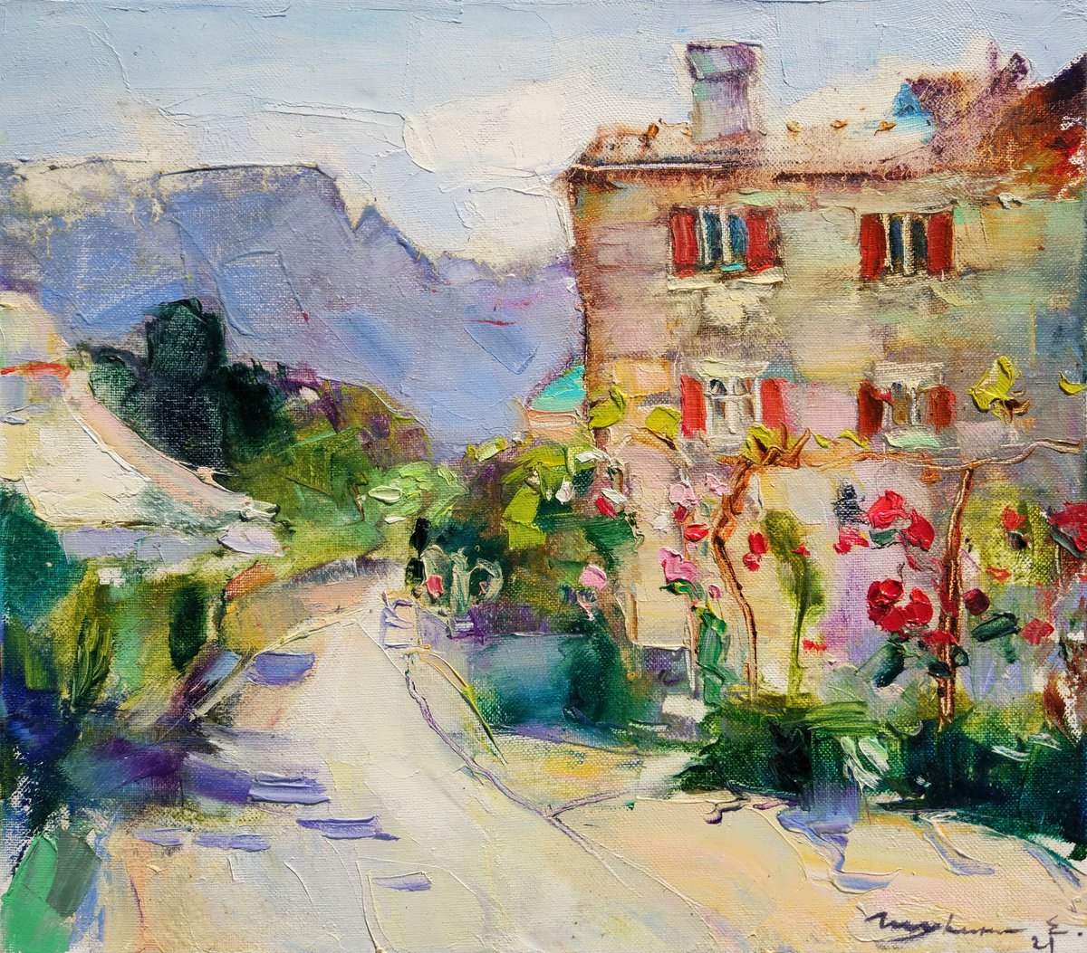Sunny day. Streets of the southern city . Montenegro . Original plein air oil painting by Helen Shukina