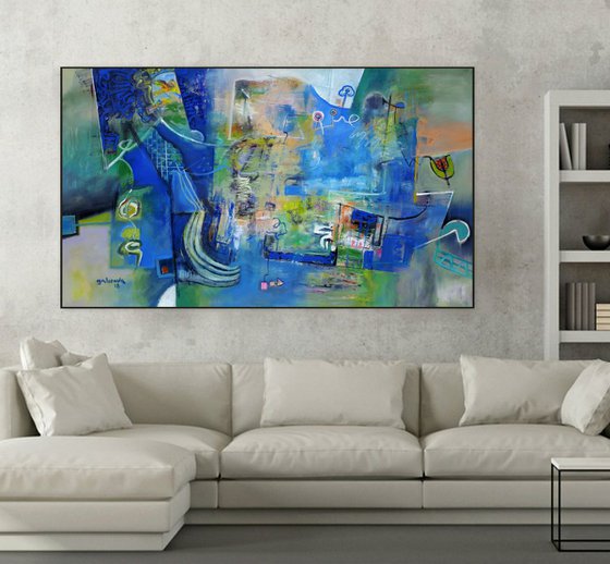 Dominant Blue No.2, Large abstract oil painting, original art, Large size horizontal canvas 90x153 cm