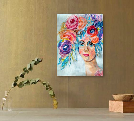 Flower Portrait 3, Floral Woman Portrait Floral Head Bouquet Painting Modern Wall Art