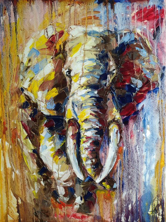 African motifs - african elephant, elephant, Africa, painting on canvas, animals oil painting, Impressionism, palette knife, gift.