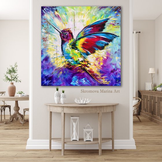 RAINBOW FLIGHT - Fabulous bird. Soaring bird. Fantastic hummingbird. Very Peri. Magic wings. Abstraction. Juicy colors.