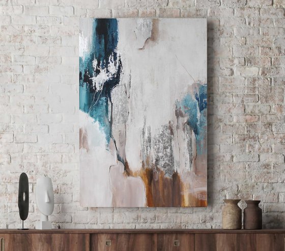 "Silver Flow" Navy silver abstract wall art