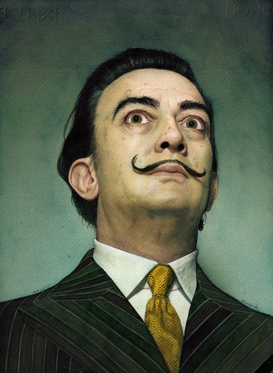 Photorealistic Portrait Watercolour By Reme Jr., 9 X 13", Salvador Dali, Original Artwork