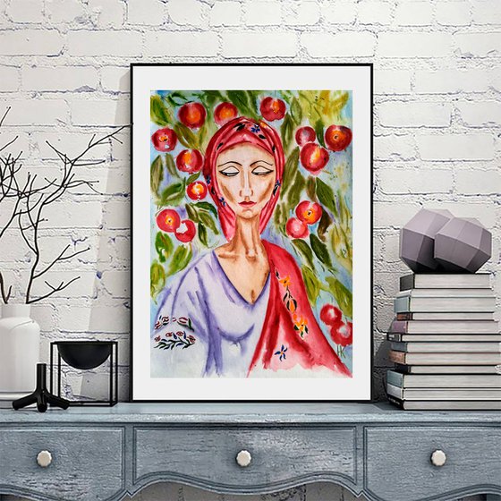 Female Painting Portrait Original Art Ukrainian Woman Watercolor Apple Tree Artwork Red Apples Home Wall Art 12 by 17" by Halyna Kirichenko