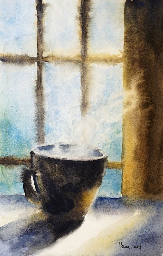 Morning Coffee Cup ORIGINAL Watercolor Painting - Kitchen Wall Art Aquarelle Home Decor
