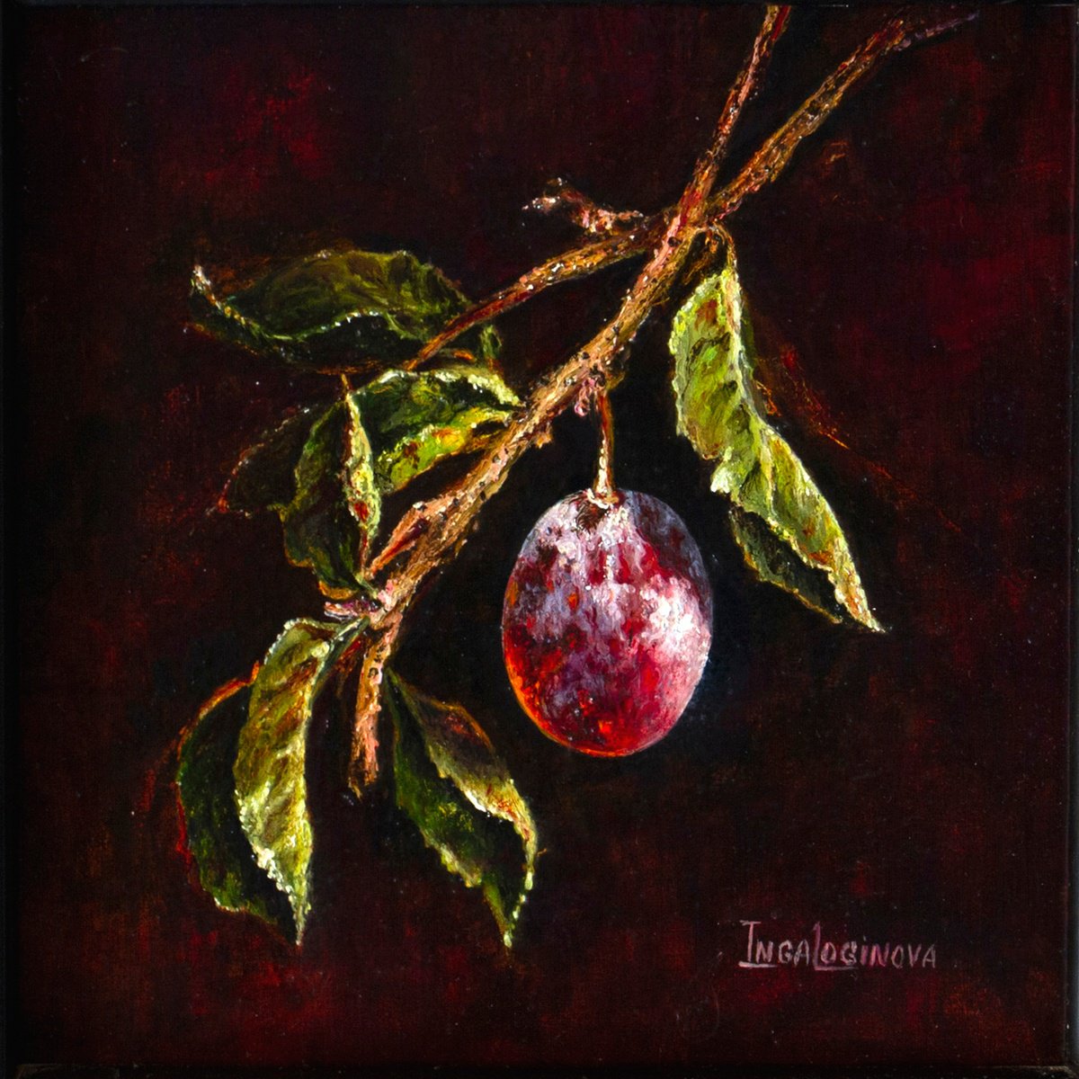 Impressionistic Still Life Oil Painting By Inga Loginova, 5 X 5, Plum On A Twig, Original Artwork
