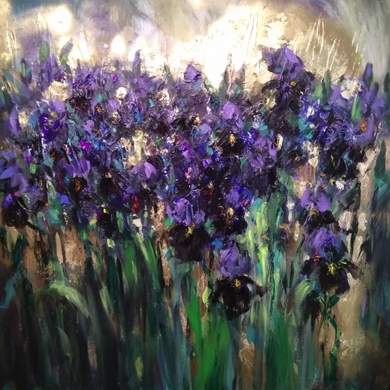 Blue Irises , Original Acrylic Impasto  Painting with Gold