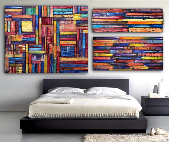 "Building A Fortress" - Original Xt Large PMS Abstract Triptych Oil Paintings On Canvas, Wooden Panels and Wooden Pieces - 108" x 48"