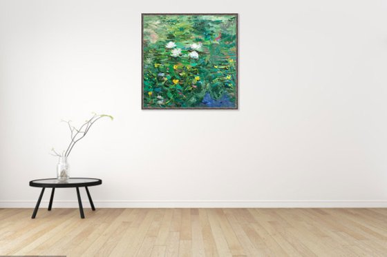 WATER LILY  - original oil landscape painting, summer, waterlily pond, green coloured