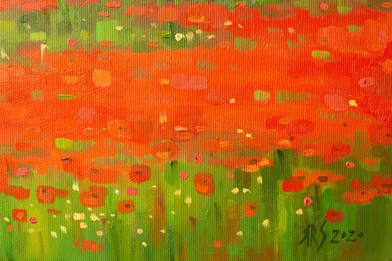 Poppy field in Tuscany (Modern Impressionistic Landscape Oil Painting, Gift for nature lovers)